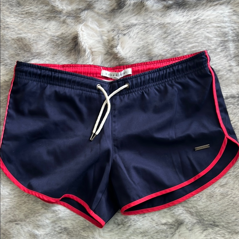 Parke & Ronen Blue and Red Athletic Style Swim Shorts with Dolphin Hem